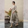 JK&JS Painted Spring Mountain New Chinese Style Rayon Linen Long Sleeve V-Neck Maxi Dress