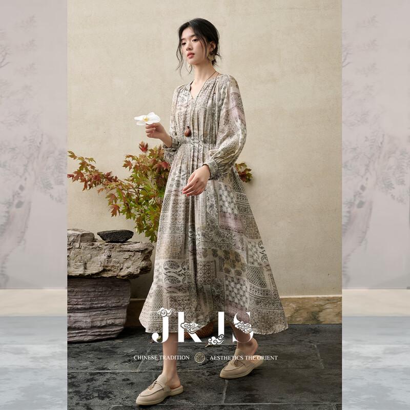 JK&JS Painted Spring Mountain New Chinese Style Rayon Linen Long Sleeve V-Neck Maxi Dress