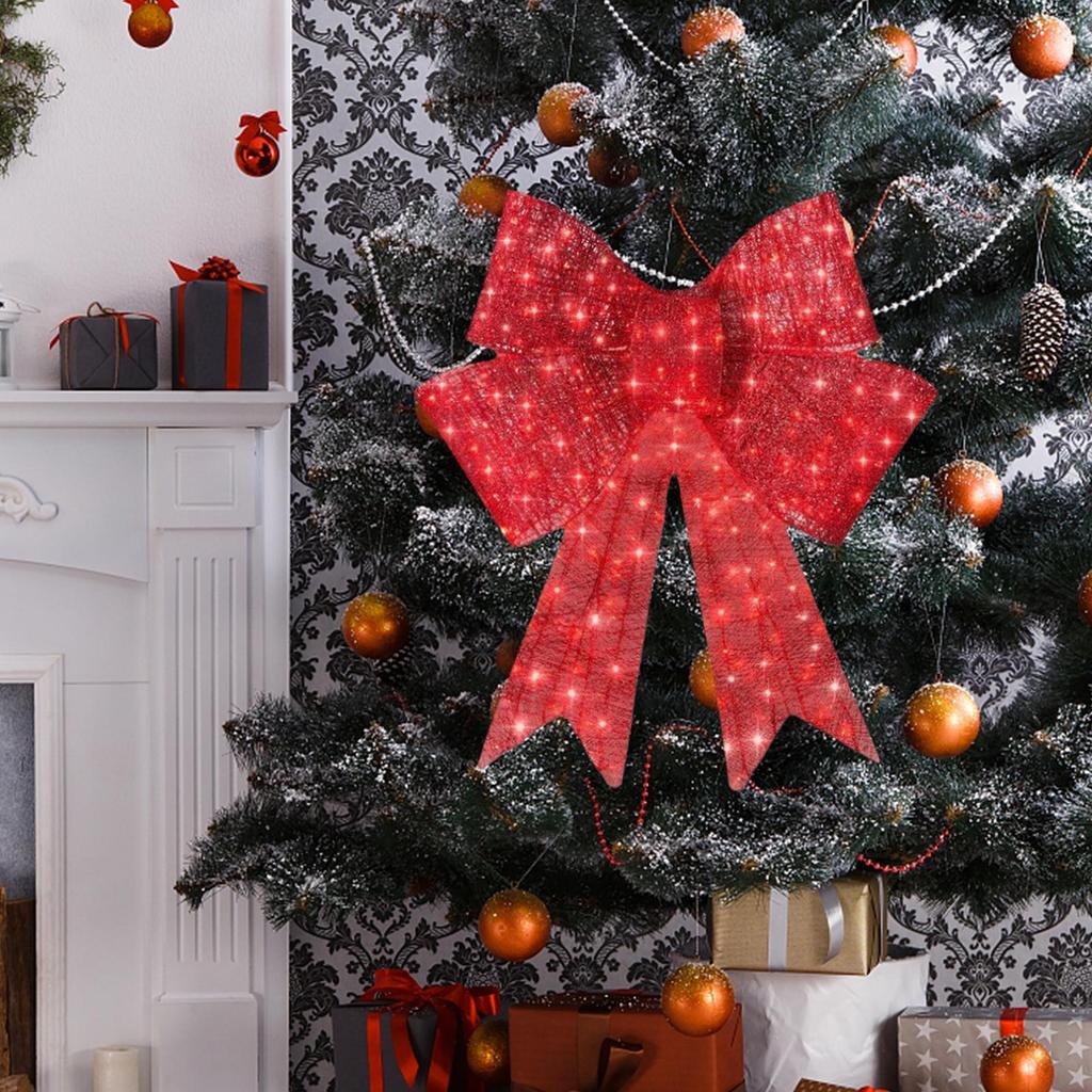 Christmas Bow Decoration with Lights Fabric Red Bow Knot Baubles Hanging Ornament DIY Xmas Trees Pendant For Xmas Party Decor
