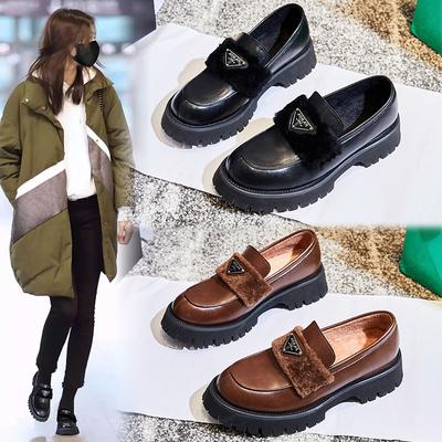 Loafers Winter 2025 Fleece Small Leather Shoes Casual Leather Shoes Shallow Mouth Fashion Mary Jane Shoes