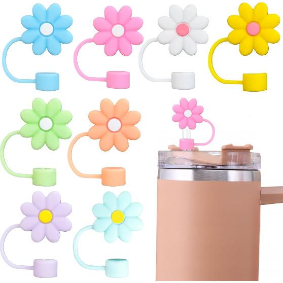 Straw Covers Cap Fit for Stanley Cup, 8Pcs Silicone Flower Straw Toppers Compatible for Stanley 30&40 Oz Tumbler, 10mm Drinking Straw Tip Covers Fit flower type