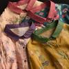 Johnature Camicie da donna stile cinese con stampa floreale, bottoni, top primaverili, colletto rovesciato, maniche lunghe, camicie a bottoni