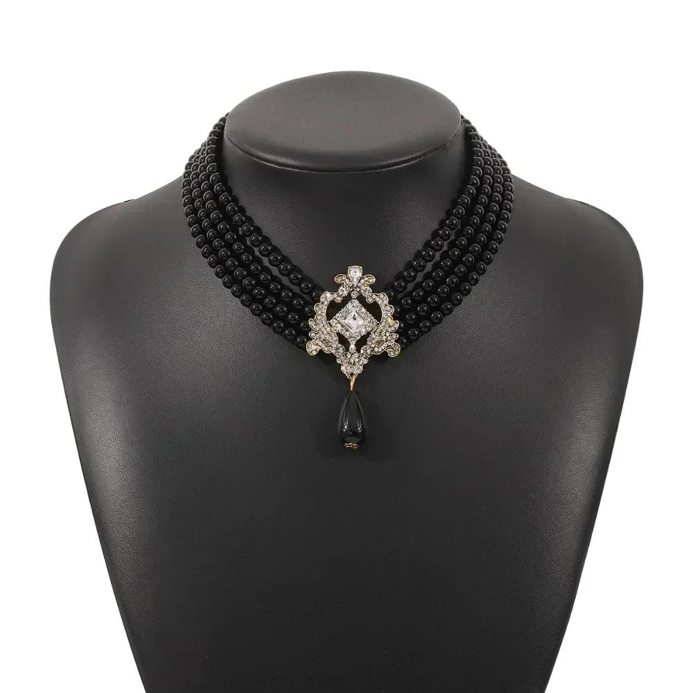 Vintage Elegant Multi Layer Pearl Necklace Luxury Shiny Rhinestone Pendant Necklace for Female Party Jewelry Accessories