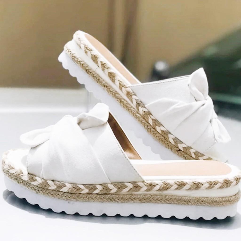 Women's Summer Slip-On Bow Flat Beach Open Toe Breathable Sandals Weave Shoes