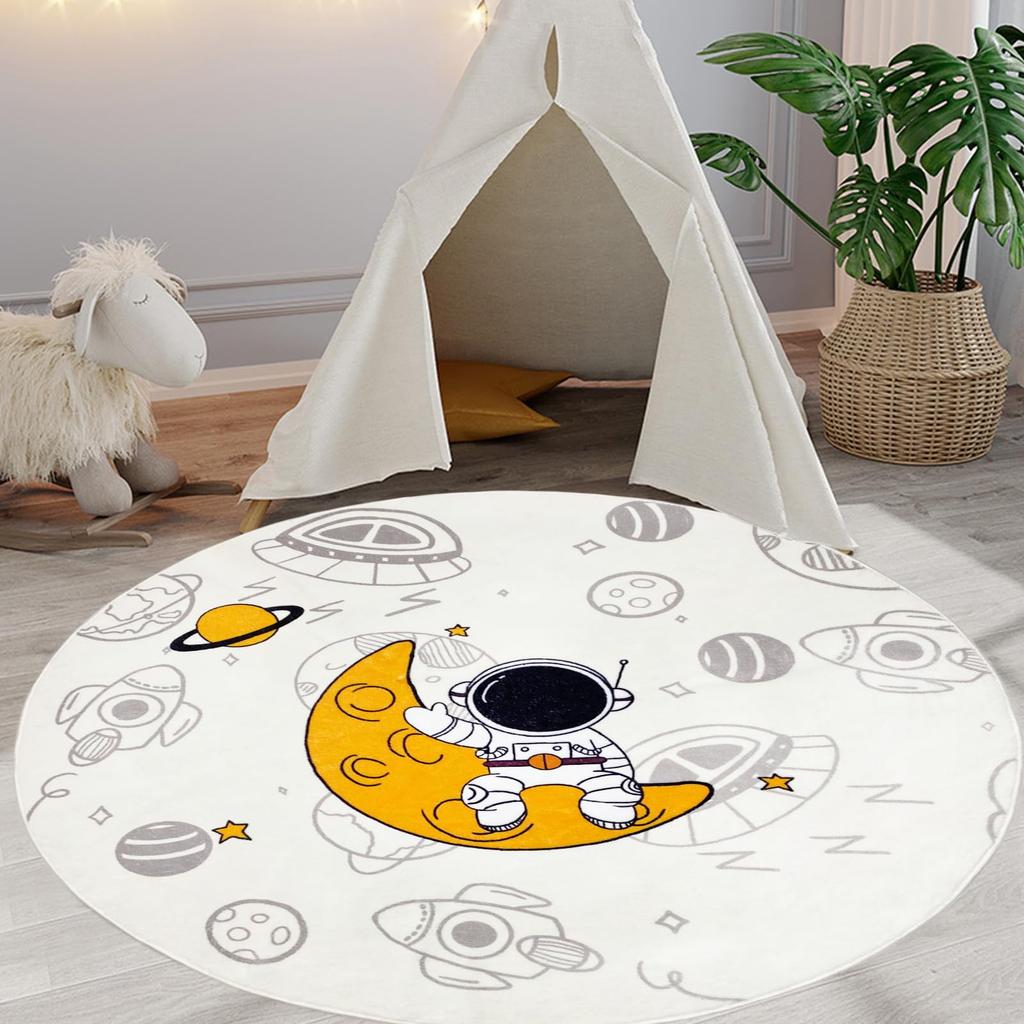 Cartoon Astronaut Round Carpet Universe Outer Space Planet Print Area Rug Anti-Slip Kid Bedroom Nursery Playroom Crawl Floor Mat