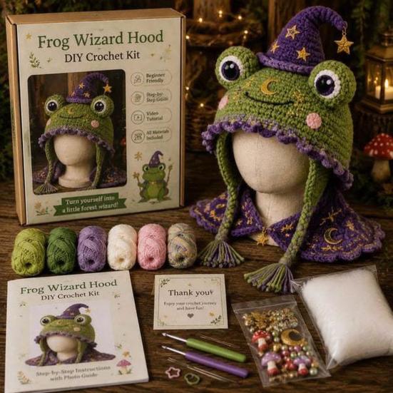 Crochet Starter Kit Fantasy Hood Kit, Cute Animal Hat DIY Dragon Unicorn Creative Gift for Crafters Skull Earflap Craft Adults, Handmade Halloween