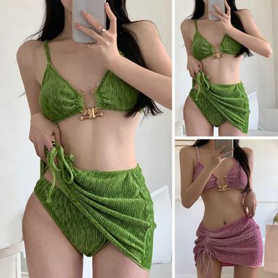 3 Teile/satz Gerippte Metall Ring Verbindung Bikini Cover Up Set Seitlichem Kordelzug Gepolsterte Draht Freies Sling Bh Hohe