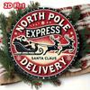 Vintage Round Aluminum Sign Santa Claus Reindeer Sleigh North Pole Express Festive Wall Art Snowflakes