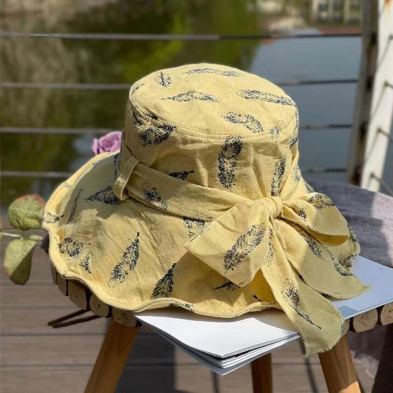 

Элегантная женская шляпа для отдыха на открытом воздухе, шляпа рыбака, летняя шляпа с большими полями, солнцезащитный козырек, бант, купол, тканевая шляпа для прогулок в саду среднего возраста One Size (56-58cm) Head Circumference
