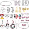 Lovely 925 Silver Pink Bow Charms Earrings Rings Christmas Bell Pendant Fit Original Bracelet Necklace DIY Jewelry Gift