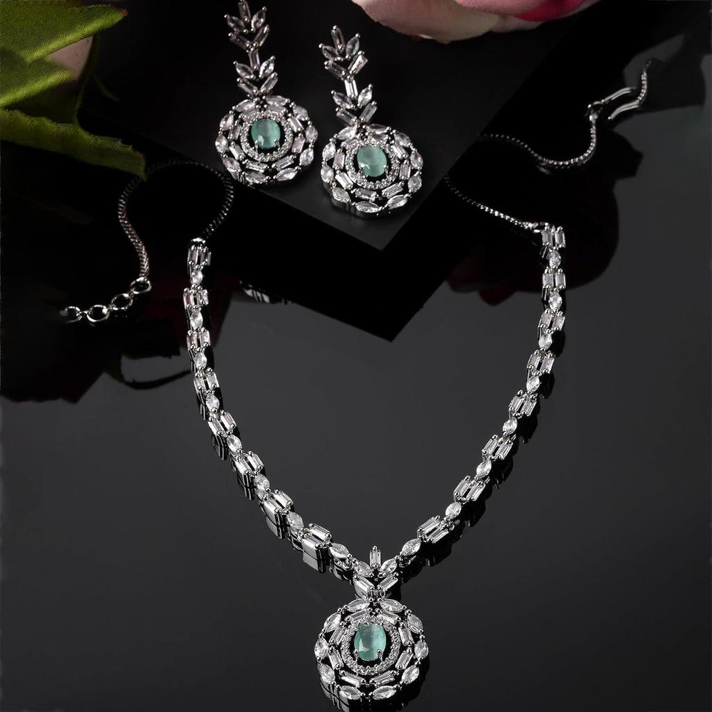 Rhodium-Plated Silver Toned Square & Circular Shaped American Diamond Studded Necklace with Earring Jewellery Set for Girls and Women