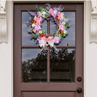 Spring Summer Wild Flower Wreath for Front Door Lavender Flowers Pink Purple Wreath for Indoor Outdoor Rustic Farmhouse Wedding Decoration Wreath