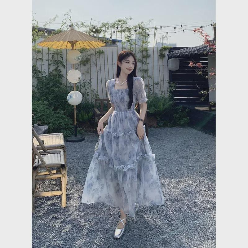 Summer Retro Floral Square Collar Dress in Milky Blue