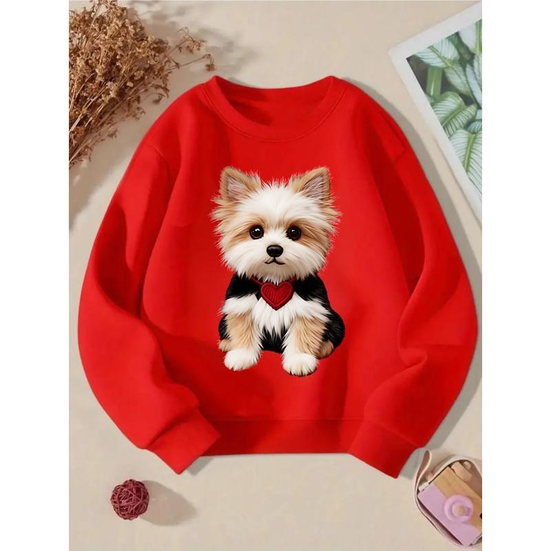 Girls' Crewneck Sweatshirt - Cute Dog with Red Heart Collar Machine Washable, Spring And Autumn, Sportswear And Casual Wear