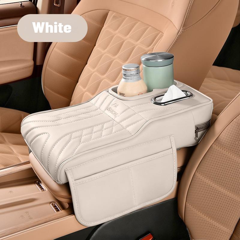 Auto-Armlehnenbox mit 2 Getränkehaltern, Taschentuchspender, Armlehne mit Aufbewahrungstasche, Auto-Leder, Höhenverstellung, Schutzabdeckung, Polster
