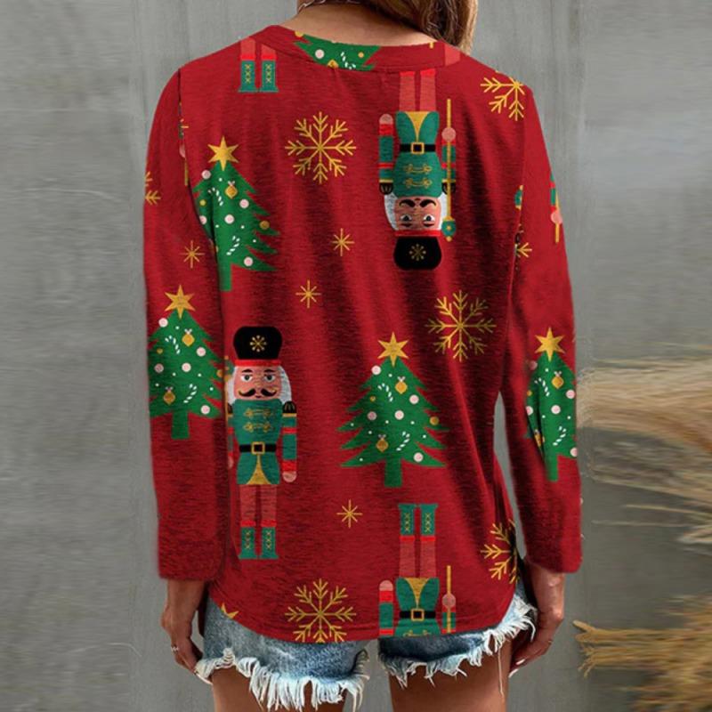 Women's Christmas Tree Printed V-neck Long Sleeved Sweatshirt Xmas Top