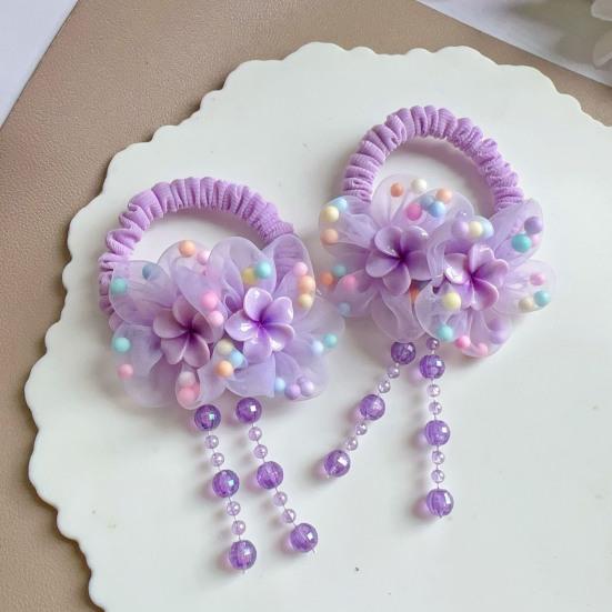 Hair Tie Soft Organza Flower Shape Hair Rope with Plush Tassels Imitation Pearls Decor High Elastic Band Bun Holder Hair Accessories