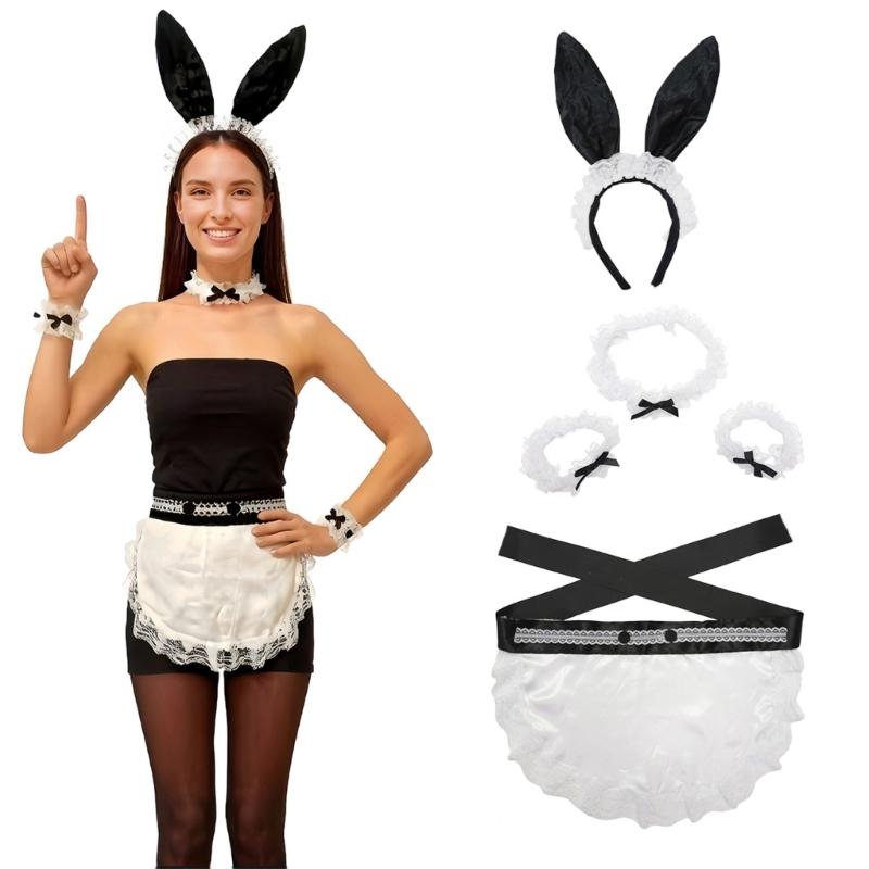 5Pcs Womens Bunnies Costume Accessories Set Rabbit Ears Headband Bows Tie Collar Cuffs Apron Maid Outfits for Womens