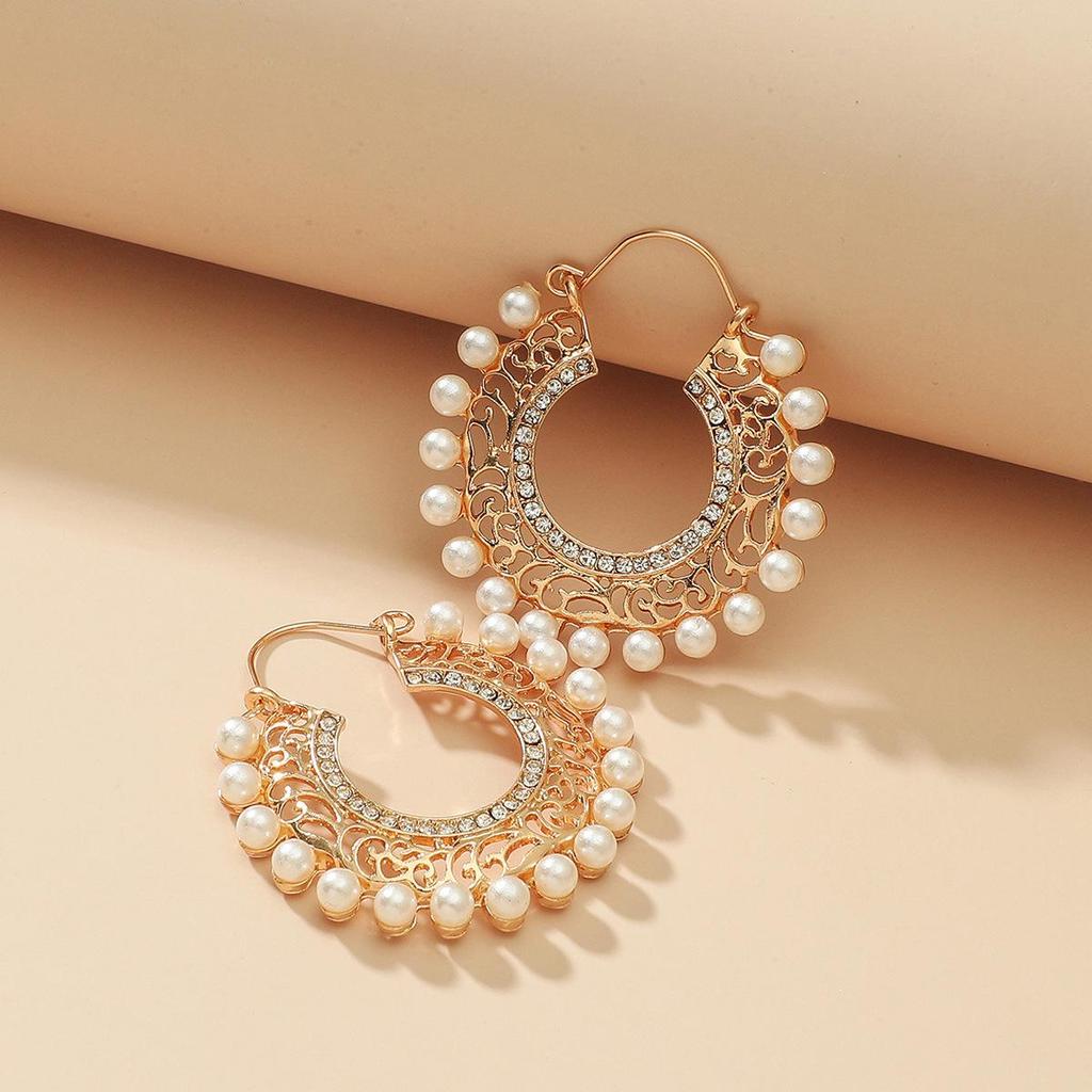 Copper-Plated Gold Zircon Hoop Earrings with Pearls - Elegant and Luxurious Design