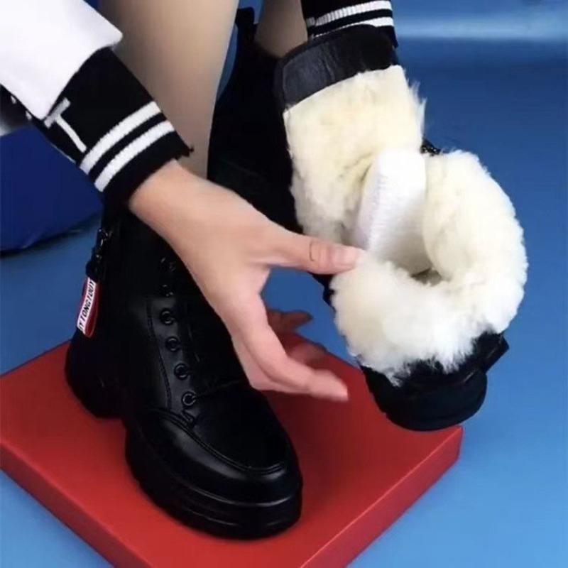 Real soft leather snow boots women's fur integrated fleece thermal cotton boots four seasons Martin boots women's thick heel leather boots