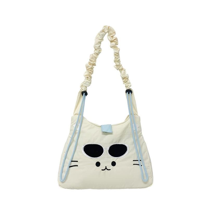 Korean Style Embroidered Cat Shoulder Bag With Nylon Material For Casual Daily Use