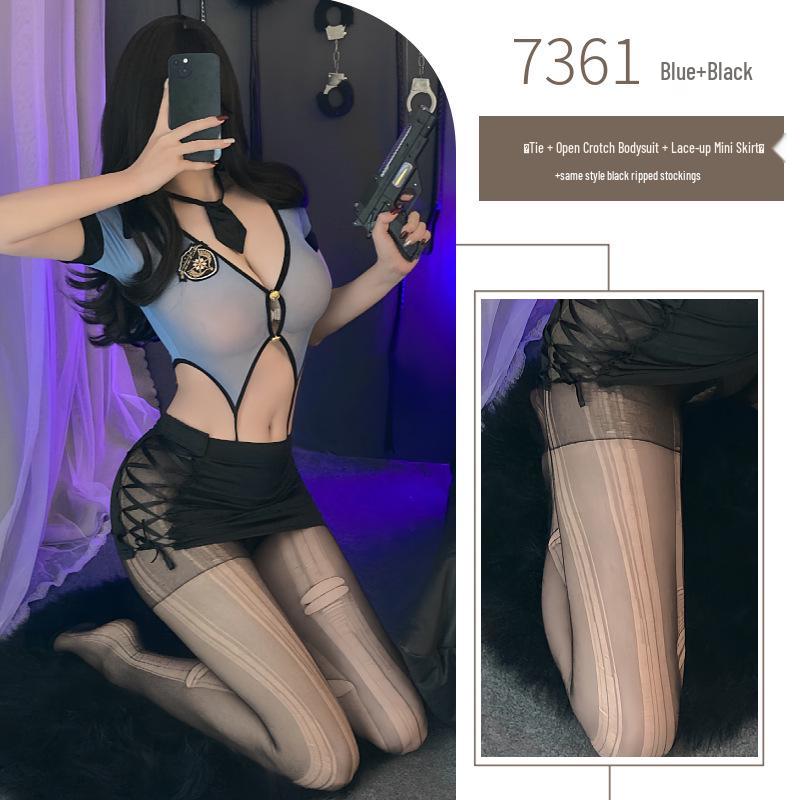 Night Piano Women's Sexy Police Uniform & Flight Attendant Lingerie Set - Cutout Bodysuit with Hip-Hugging Skirt, Style 7361.
