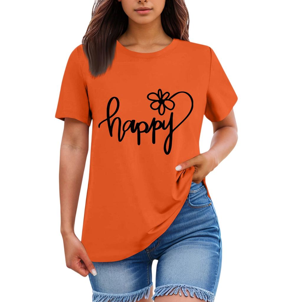 Ladies' Loose Comfortable Casual Fashionable “Happy”Character Printed Round Neck Short Sleeved Shirt