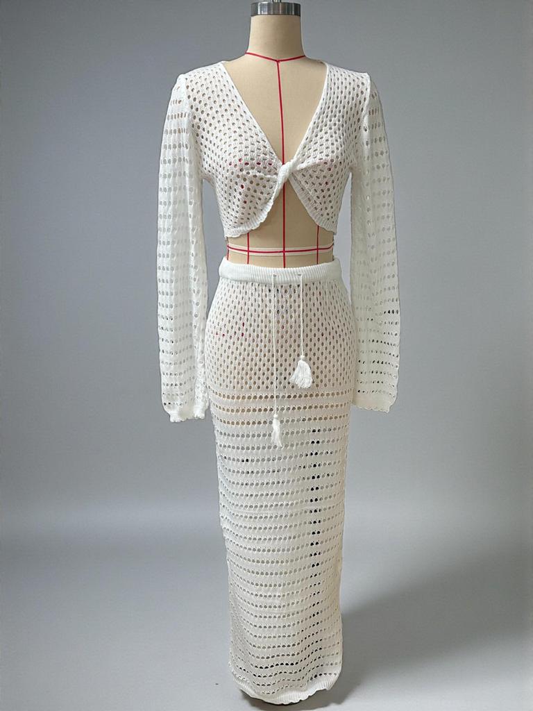 2026 Women's Beach Resort Knit Long Sleeve Top & Skirt Set - European American Style