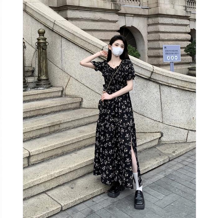 Chiffon Floral Summer Dress for Women - 2025 Design with Slimming Waist, Slit, and Square Neckline