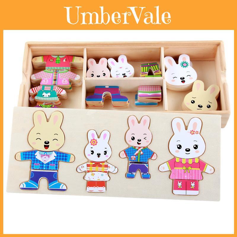Wooden Childrens Toy With Little Rabbits Dress Up Puzzle For Learning And Play