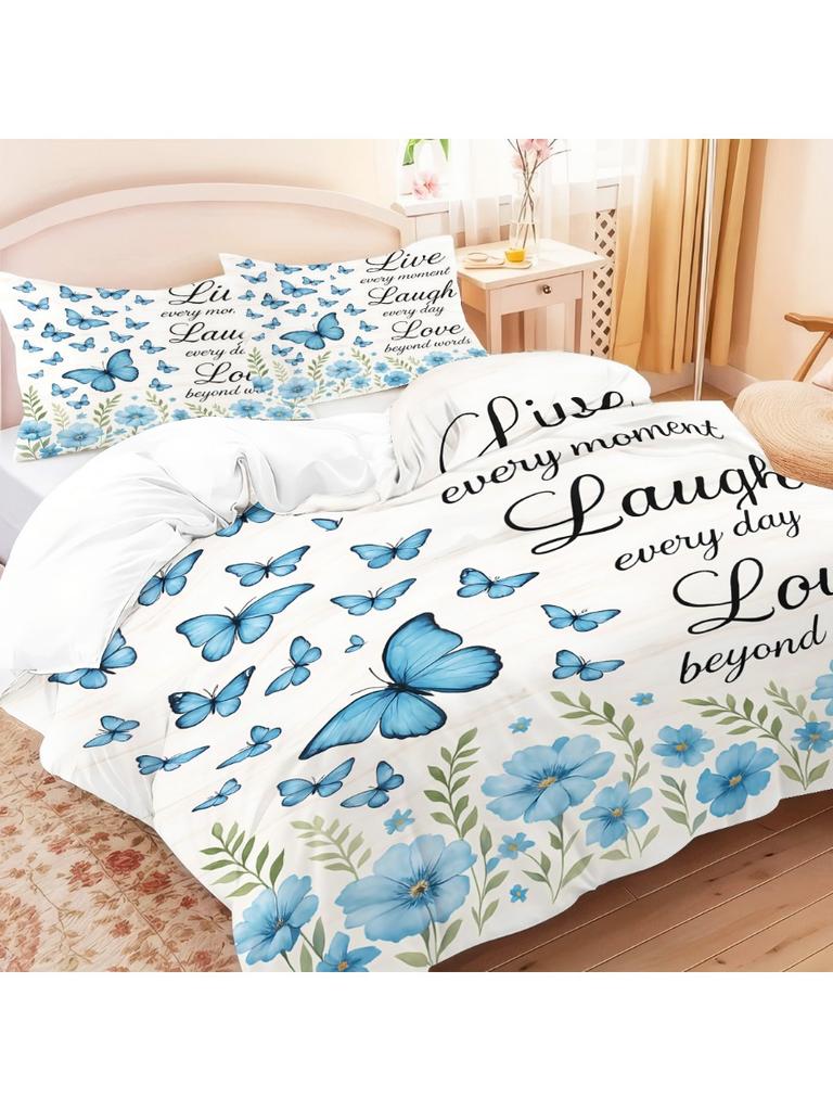 3pcs Blue Butterfly Printed Down Duvet Covers 1 Down Duvet Cover+2 Pillowcases No Core. Soft and Comfortable Bedding Set