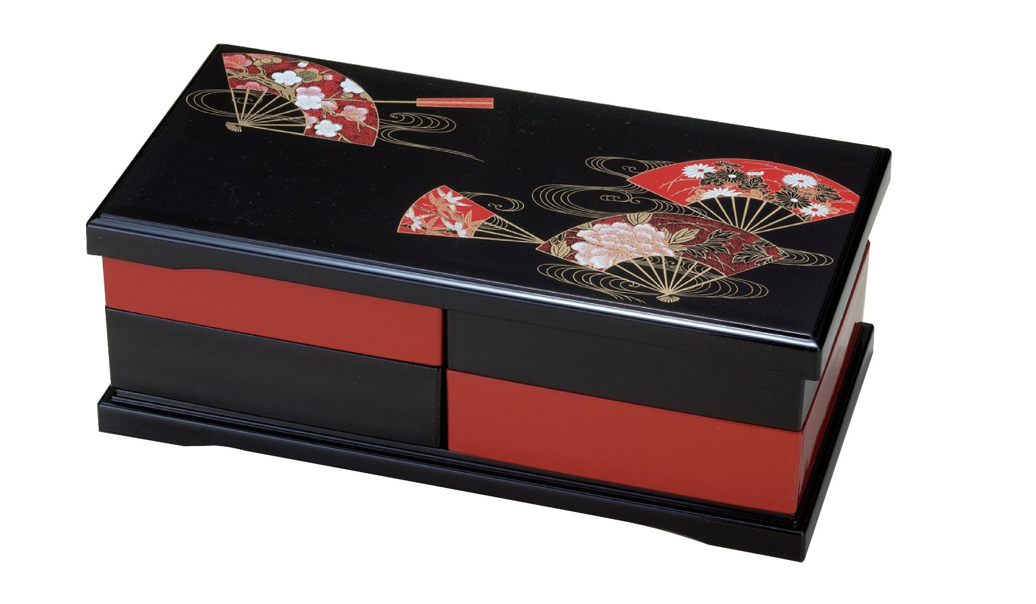 

Коробка Джубако из лака Вакаидзуми, прямоугольная многоцелевая для закусок, длина 10,5 см, черная, узор «Веер с волнами», набор из 2 ярусов, H-159-29