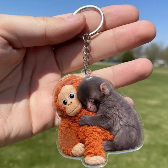 Monkey Keychain Pendant Cute 2D Flat Acrylic Pendant Punch The Monkey Holding Orangutan Plush Toy Keychain Bag Charm Gift for Friends