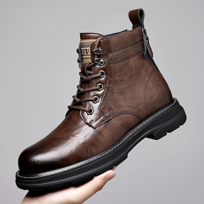 Men's Boots Autumn and Winter British Style Cowhide Boots Casual Workwear Boots Thick Soled Leather Boots with Plush Cotton Boot
