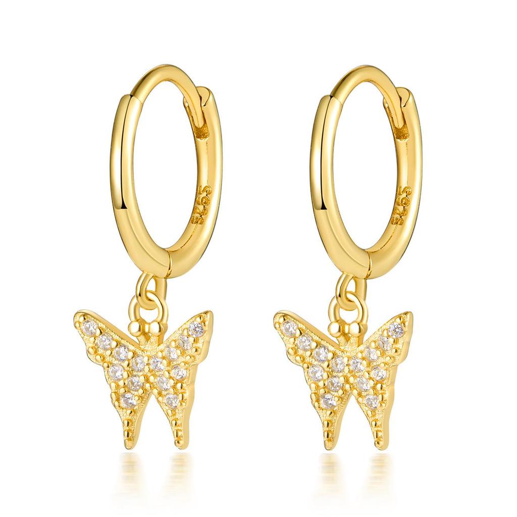 S925 Sterling Silver Diamond-Inlaid Butterfly Stud Earrings - Elegant, Niche Forest Style
