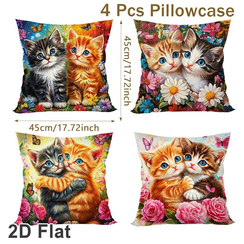 Cute Kitten Pillowcase 45x45cm Peach Skin Fabric Floral Butterfly Cushion Cover Home Decor Pet Lover Gift No Pillow Core