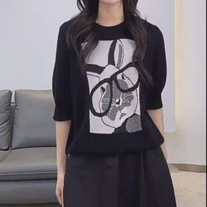 Cartoon Rabbit Short-sleeved T-shirt for Women, New Style, Early Autumn Lightweight, Ice Silk Knitted Sweater, T-shirt Top