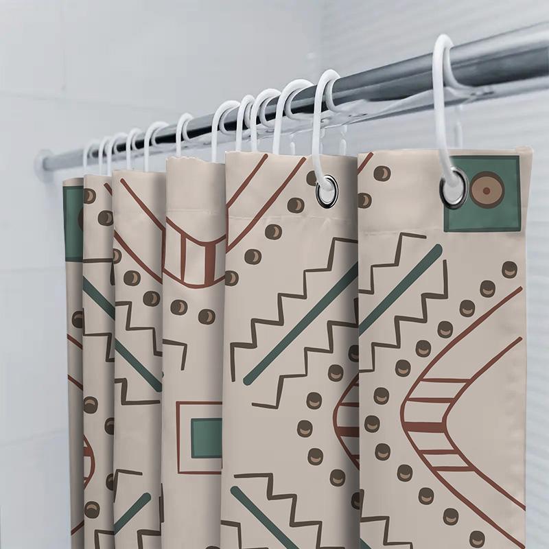 Bathroom Shower Curtain Set with Modern Geometric Print for Home Decor Green Brown Colors, Waterproof Fabric Material, Perfect M