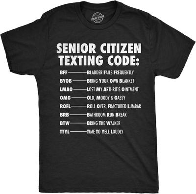 Mens Funny T Shirts Senior Citizen Texting Code Sarcastic Elderly Graphic Novelty Tee for Men
