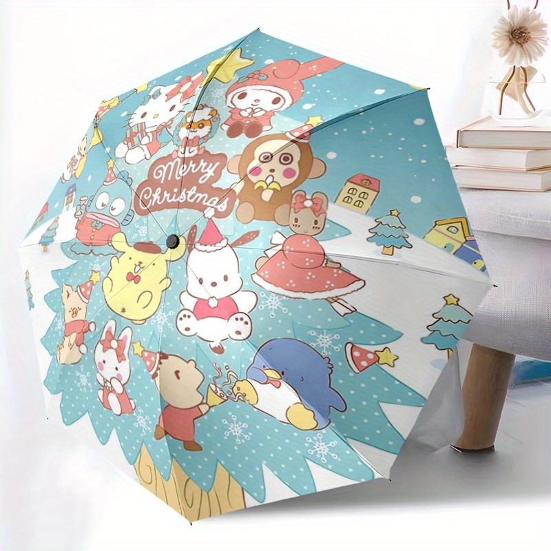 1pc Christmas Tree Hello Kitty and Friends Pattern Beautiful Looking Automatic Folding Umbrella, 3 Folding, 8 Pole Frame Design, Durable and Suitable