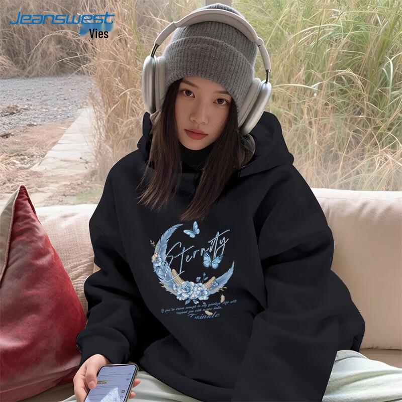

JEANSWEST Women s Feather Moon Print Loose Hooded Sweatshirt XL