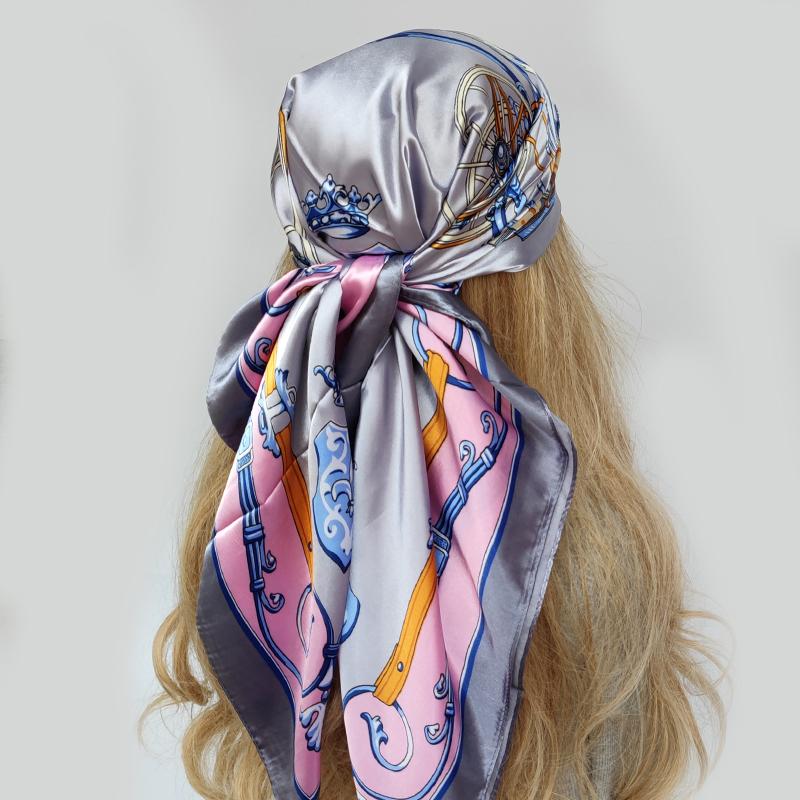 Fashion Kerchief Hair Scarf For Women Floral Print Silk Satin Hijab Scarfs 90*90cm Square Shawl Headband Scarves For Ladies