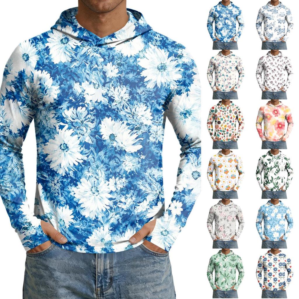 Men's UPF50+ Sun Protection Hoodie Lightweight Quick Dry Long Sleeve Hooded Shirt Breathable Outdoor Sportswear for Hiking Running Fishing