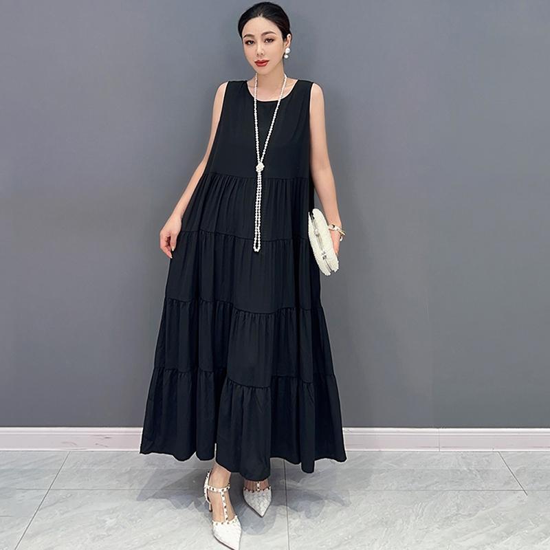 

XITAO свободное однотонное повседневное модное платье без рукавов DMJ1898 One Size чёрный