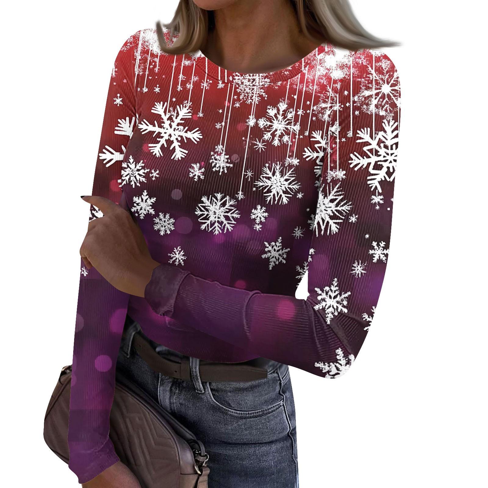 

Женская и зимняя футболка с тонким низом, модная повседневная футболка с рождественским принтом и круглым вырезом, длинный рукав XXXL фиолетовый