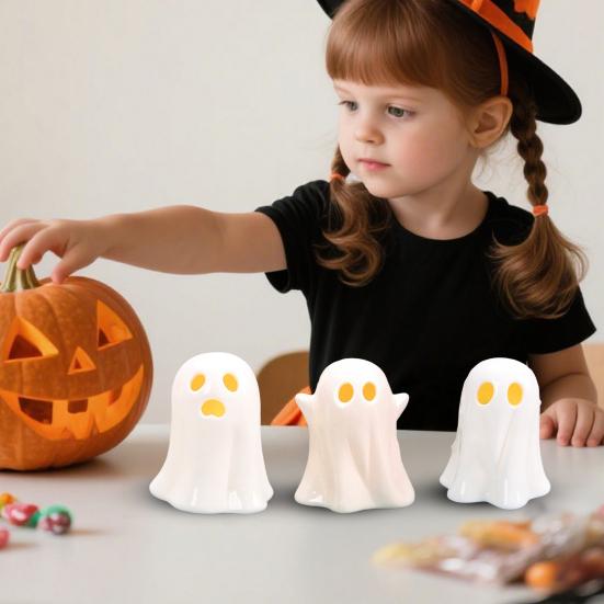Keramická svítící dekorace duch Malá bílá figurka ducha LED Halloweenský duch Stolní ozdoba pro vnitřní domácí dekoraci