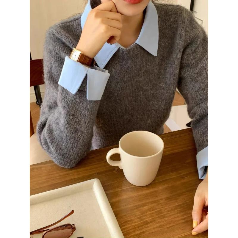 Winter Solid Knitted Pullover Sweater Women Retro Fake Two Pieces Top Pullover Female Korean Fashion Vintage Sweater 2024 New