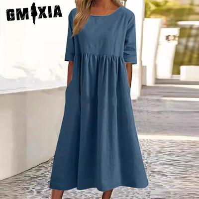 Sommerkleid aus Baumwolle und Leinen mit kurzen Ärmeln, plissierten Taschen und lockerem Rundhalsausschnitt