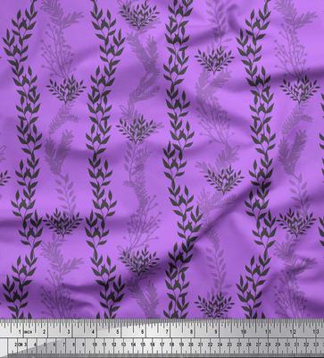 Purple Japan Crepe Satin Fabric Stencil Leaves Print Fabric by Metre 42 Inch