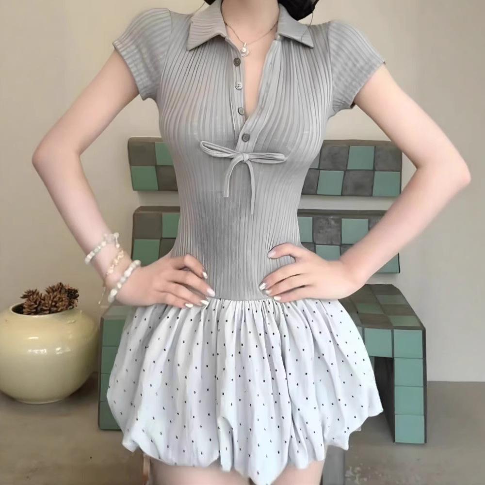 

Pure desire sweet and spicy short skirt summer waist and thin design sense ballet style contrasting color splicing sexy polka dot dress women XL абрикосовий